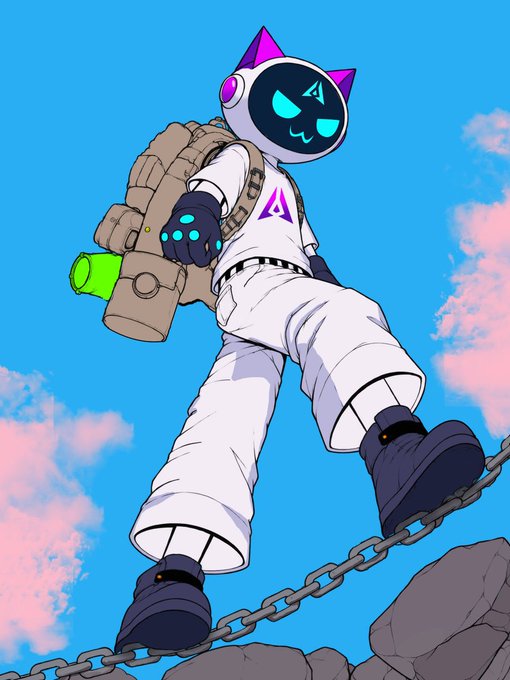 An anime-style illustration of a character with a cat-like helmet, white outfit, and backpack standing on a chain against a blue sky.