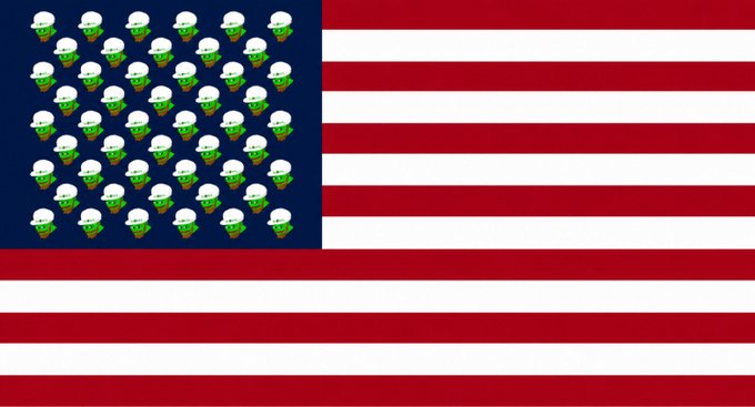 A meme image of an American flag where the blue star field has been replaced with Pepe the Frog faces wearing white hats.