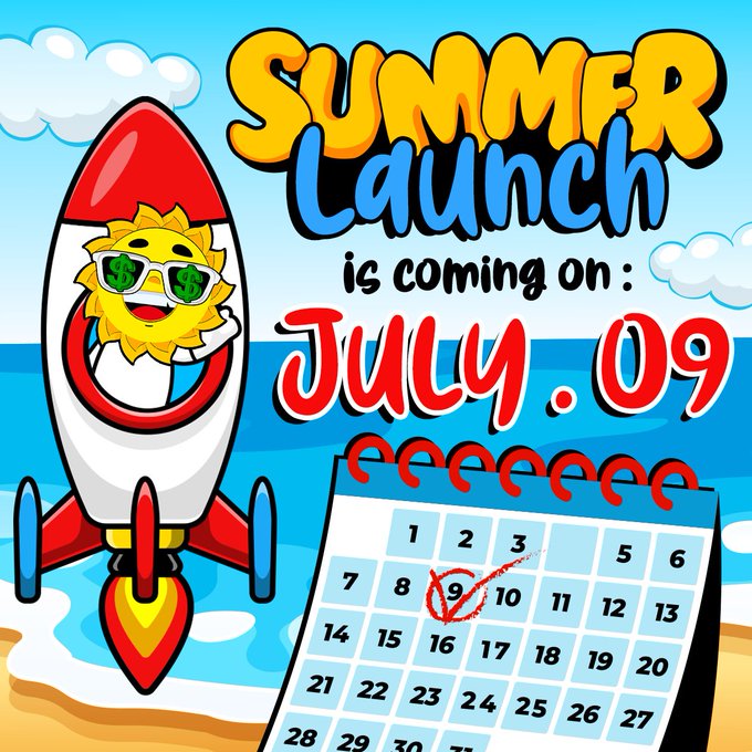 A vibrant, cartoon-style promotional graphic announces "SUMMER launch is coming on: July .09" with a rocket featuring a sun character wearing dollar-sign sunglasses soaring skyward and a calendar marking the 9th circled in red. The image visually reinforces the post's message about the Summer Token Solana presale approaching its final launch date, symbolizing the upward momentum and financial opportunity tied to the July 9th event.