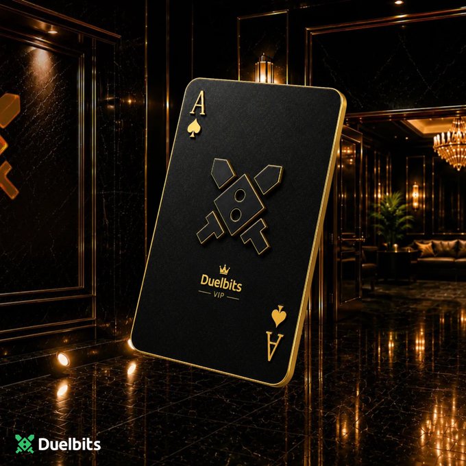 A premium black VIP card with gold accents featuring an ace of spades design and the 'Duelbits' logo and text, displayed in a luxurious dark marble room with the Duelbits logo in the corner.