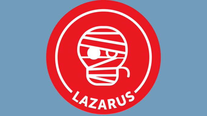 A red circular logo on a blue background features a stylized mummy-wrapped face with glowing eyes and the word "LAZARUS" beneath it, representing North Korea's infamous Lazarus hacking group responsible for the $1.5 billion Bybit crypto heist.