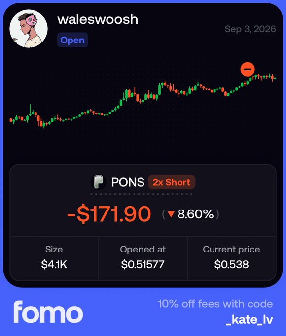 A trading dashboard for user 'waleswoosh' showing an open PONS short position with -$171.90 loss (8.60% down), size $4.1K, opened at $0.51577, current price $0.538, with a 'fomo' promo offering 10% off fees with code '_kate_lv'.