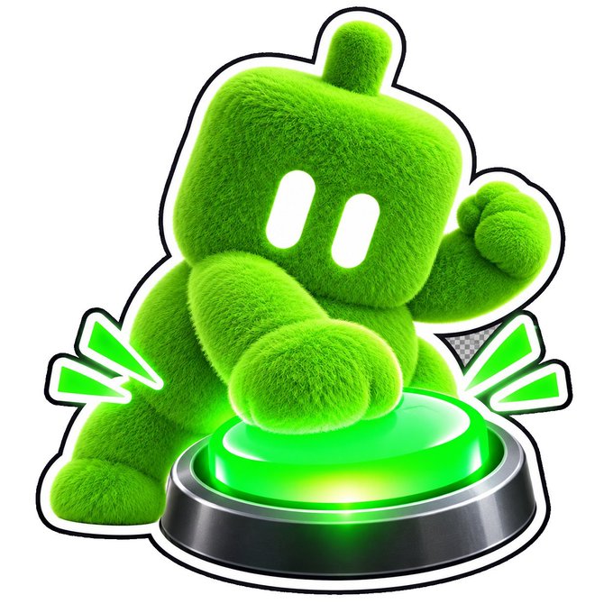 Cute 3D-rendered illustration of a fluffy green cartoon character pressing a glowing green button with its paw, surrounded by action lines suggesting excitement.