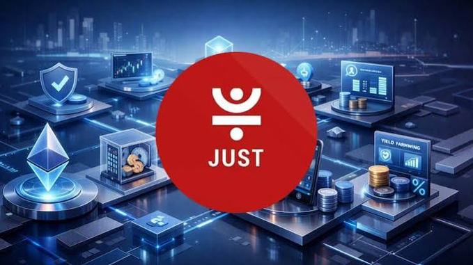 A promotional graphic featuring a red circle with 'JUST' text in the center, surrounded by various cryptocurrency and DeFi icons including Ethereum, security shields, coins, and yield farming screens against a blue futuristic cityscape background.