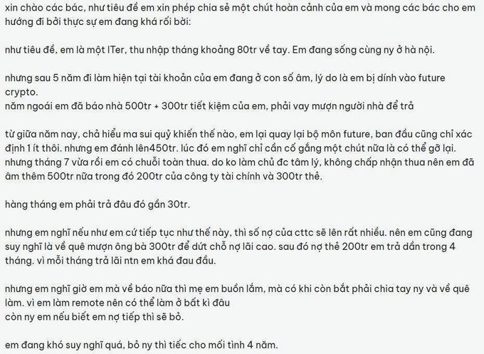 A screenshot of a Vietnamese text post from a 1Ter subscriber about losses in futures and crypto trading, seeking advice on a difficult financial situation.