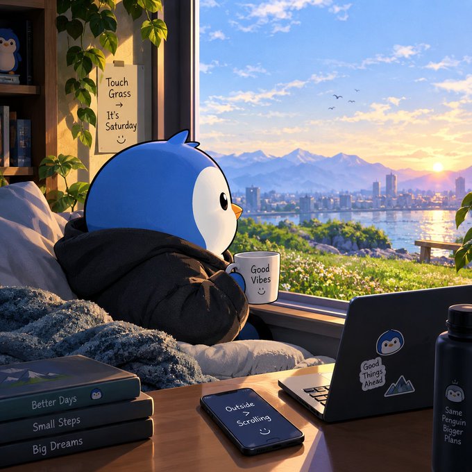 An illustrated scene of a penguin character wrapped in a blanket by a window overlooking a city and ocean at sunset, with a 'Touch Grass, It's Saturday' sign and various items nearby.