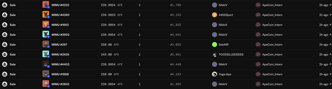 A screenshot of a marketplace listing recent sales of NFT MMU items, showing prices around 239.9933 APE and various buyer names.