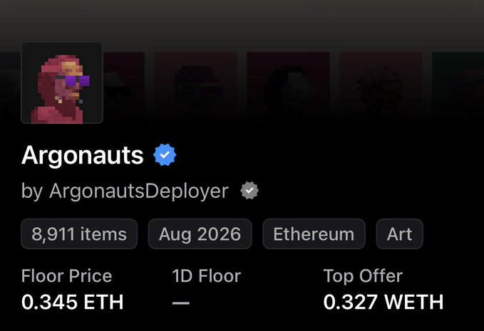 A profile page for the 'Argonauts' NFT collection by ArgonautsDeployer, showing 8,911 items, dated Aug 2026, on Ethereum, with a floor price of 0.345 ETH and a top offer of 0.327 WETH.