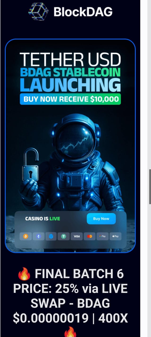 The post features an advertisement showing an astronaut wearing blue and silver space suit standing next to a spaceship. The title of the ad reads, "Tether USDT BDAG Stablecoin Launching Now Receive 10,000". The post suggests that users should consider investing in this new stablecoin called USDT.