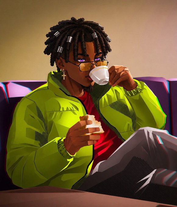 A stylized illustration shows a person with beaded dreadlocks, yellow-tinted glasses, and a cross earring sipping coffee while holding a pastry, dressed in a bright green puffer jacket over a red shirt. The cozy morning scene visually complements the post's cheerful "seize the day" and "good morning internet frens" message, alongside the $RIVER ticker and @RiverdotInc branding.