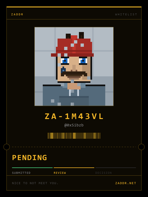 A digital ID card from ZADDR.NET for 'Zador' with the code 'ZA-1M43VL' and username '@0xSibzb', showing pixel art of a character in a red hat, currently marked as 'PENDING' in the review stage.