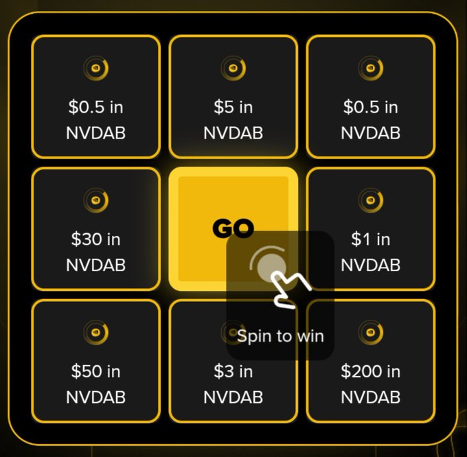 A digital interface for a 'Spin to win' game featuring a grid of buttons to bet varying dollar amounts ($0.5 to $200) in 'NVDAB', with a central 'GO' button.