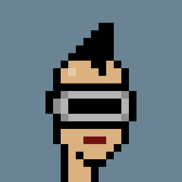 A pixel art rendering of a character's face and upper body, featuring spiky dark hair, a black visor/sunglasses, and a goatee against a light blue background.