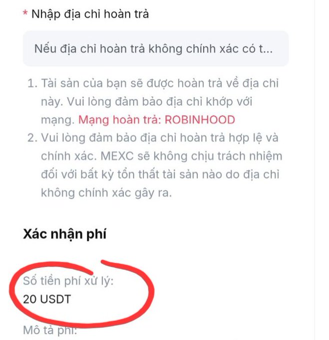 A Vietnamese-language cryptocurrency withdrawal confirmation page, with a red circle highlighting a processing fee of '20 USDT' on a MEXC exchange, warning about incorrect refund addresses on the ROBINHOOD network.