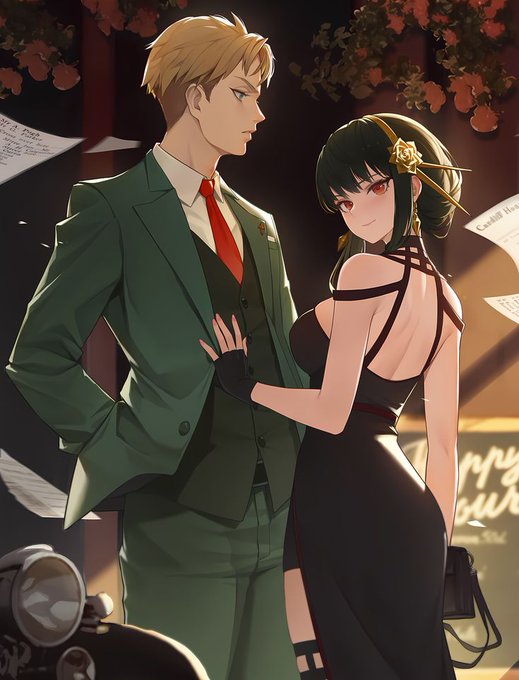 Anime-style illustration of a blonde man in a green suit and a dark-haired woman in a black dress, standing close together amidst falling papers.