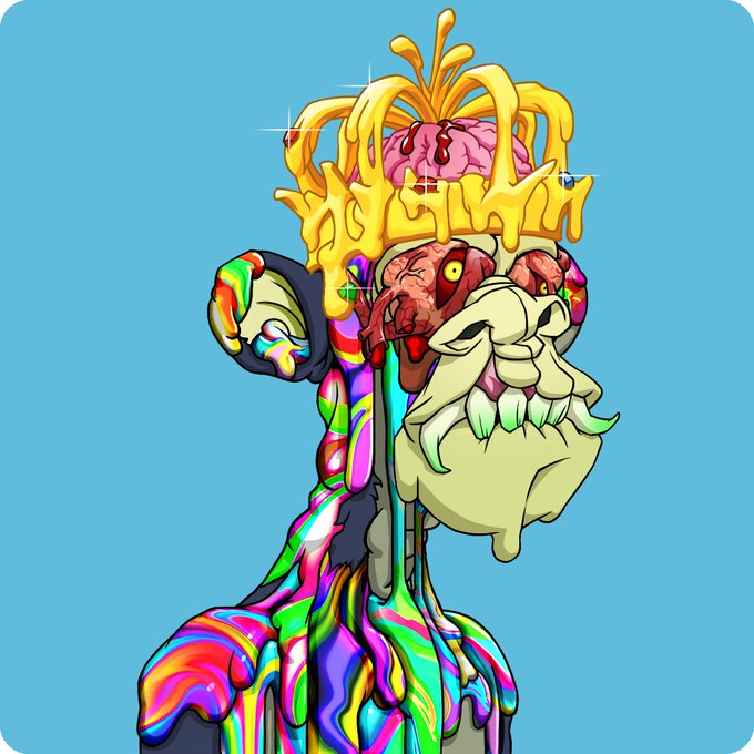 A digital artwork of a grotesque, colorful, melting creature wearing a golden crown against a blue background.