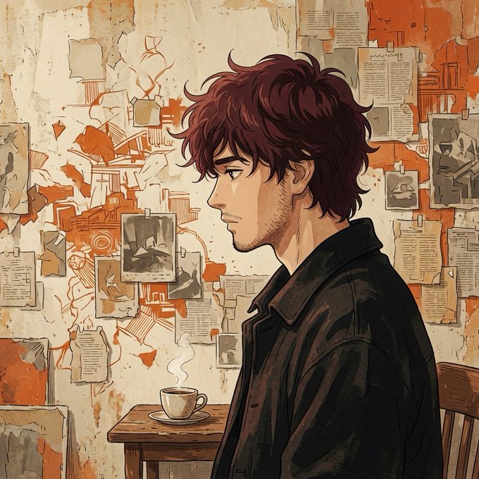 An anime-style profile illustration of a young man with messy reddish-brown hair sitting at a wooden table with a steaming cup of coffee, set against a textured wall covered in pinned papers and photographs.