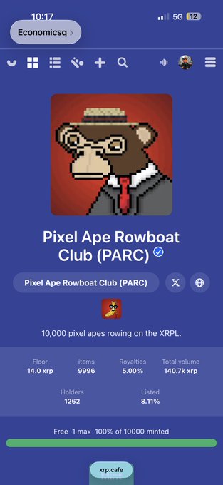 Screenshot of the 'Pixel Ape Rowboat Club (PARC)' collection on the XRP Cafe app, showing a floor price of 14.0 xrp, 9996 items, and a total volume of 140.7k xrp.