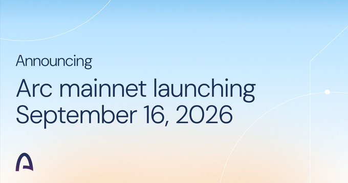 A promotional graphic announcing "Arc mainnet launching September 16, 2026" with the Arc logo in the bottom left corner against a gradient blue and peach background.
