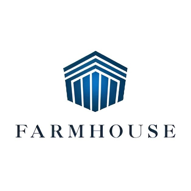 Corporate logo for 'FARMHOUSE' featuring a blue shield-shaped emblem with stylized building columns above the company name on a white background.