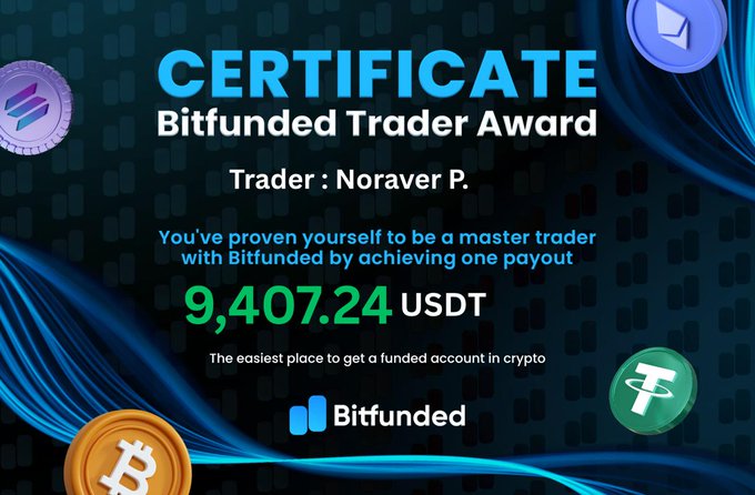 The image features a certificate for trading cryptocurrencies with Bitfunded, which includes an illustration of various cryptocurrency coins and their respective worth as currency. In the center of the image, there's text that reads "Certificate", followed by "Bitfunded Trader Award", indicating the award itself. The trophy is framed in a way that makes it stand out prominently against a dark background adorned with blue lines resembling waves or currents. In addition to the text and visual elements, the post also provides some information on how to win with Bitfunded, including tips for trading cryptocurrency like Bitcoin, and the names of the winners of the Bitfunded Trader Award.