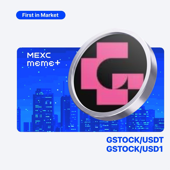 Promotional graphic announcing MEXC Meme+ as the "First in Market" to list the GSTOCK token, featuring a pixelated pink "G" logo against a blue cityscape, with trading pairs GSTOCK/USDT and GSTOCK/USD1 displayed.