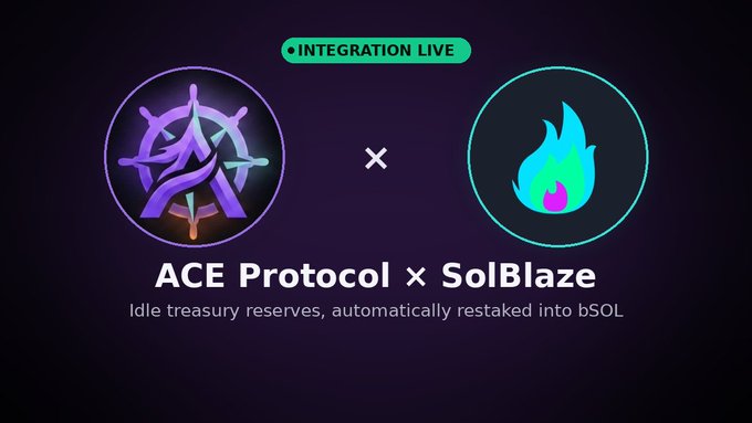 Promotional graphic announcing 'INTEGRATION LIVE' between ACE Protocol and SolBlaze, stating 'Idle treasury reserves, automatically restaked into bSOL.'