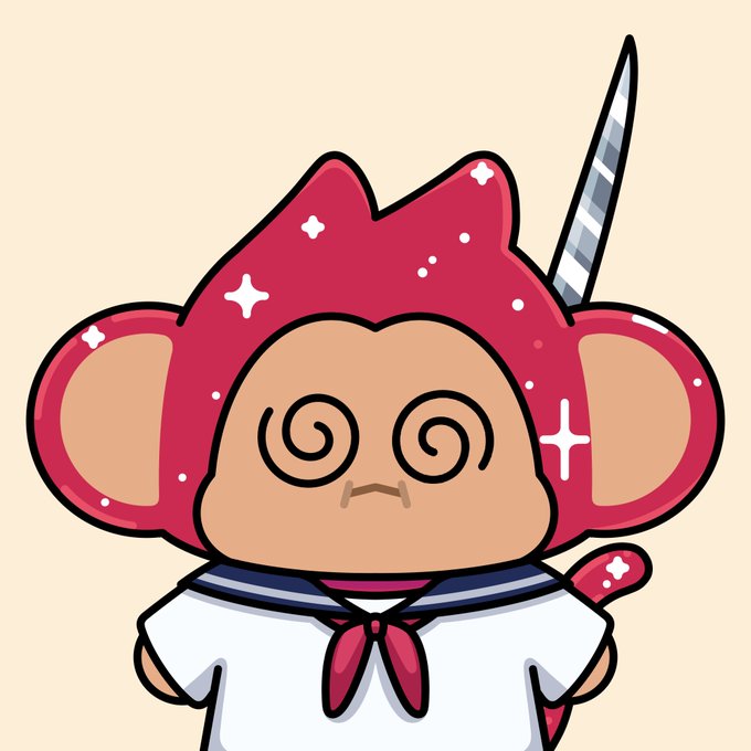 Cartoon illustration of a monkey character wearing a red hat with ears and sparkles, a sailor-style white shirt with a red scarf, and spiral dizzy eyes, holding a sword behind its head.