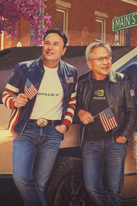 A digital painting depicts Elon Musk in a SpaceX jacket and Jensen Huang in an NVIDIA t-shirt, both holding small American flags while standing in front of a car on "Main St," symbolizing American tech leadership as Musk tops the Forbes 400 for a fifth consecutive year with a record $908 billion net worth.