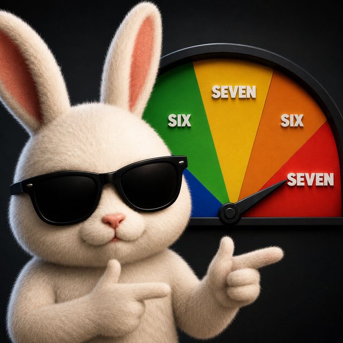 A white animated rabbit wearing black sunglasses points at a colorful wheel divided into segments labeled 'SIX', 'SEVEN', 'SIX', and 'SEVEN'.