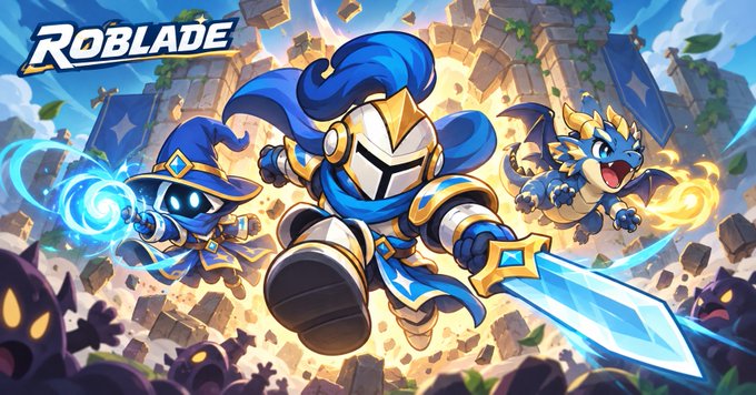 Vibrant promotional artwork for the game 'ROBLADE' features a knight in silver armor charging forward with a glowing sword, accompanied by a wizard and a small dragon.