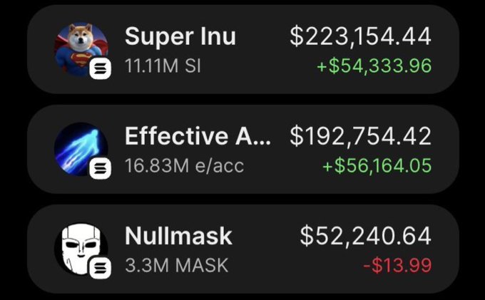 A cryptocurrency tracking app displaying token prices including Super Inu at $223,154.44, Effective Accelerator at $192,754.42, and Nullmask at $52,240.64.
