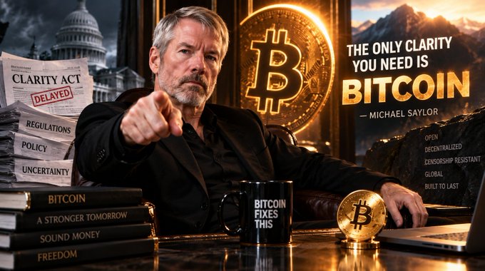 A man in a black suit points at the camera in front of a Bitcoin logo and U.S. Capitol backdrop, with a quote reading 'THE ONLY CLARITY YOU NEED IS BITCOIN — MICHAEL SAYLOR' and props like a 'CLARITY ACT DELAYED' document, books titled 'BITCOIN: A STRONGER TOMORROW,' and a mug stating 'BITCOIN FIXES THIS.'