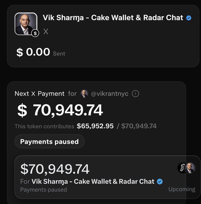 The image shows a Cake Wallet payment interface displaying $0.00 sent to "Vik Sharma - Cake Wallet & Radar Chat" on the X (Twitter) platform, with a "Next X Payment" of $70,949.74 owed to @vikrantnyc, of which $65,952.95 is contributed, marked as "Payments paused" and "Upcoming." This visually confirms the post's claim that Vikrant's pending $PAI payout remains frozen despite his role as a major contributor supporting $CAKE and privacy-focused projects like $ZEC and $XMR.