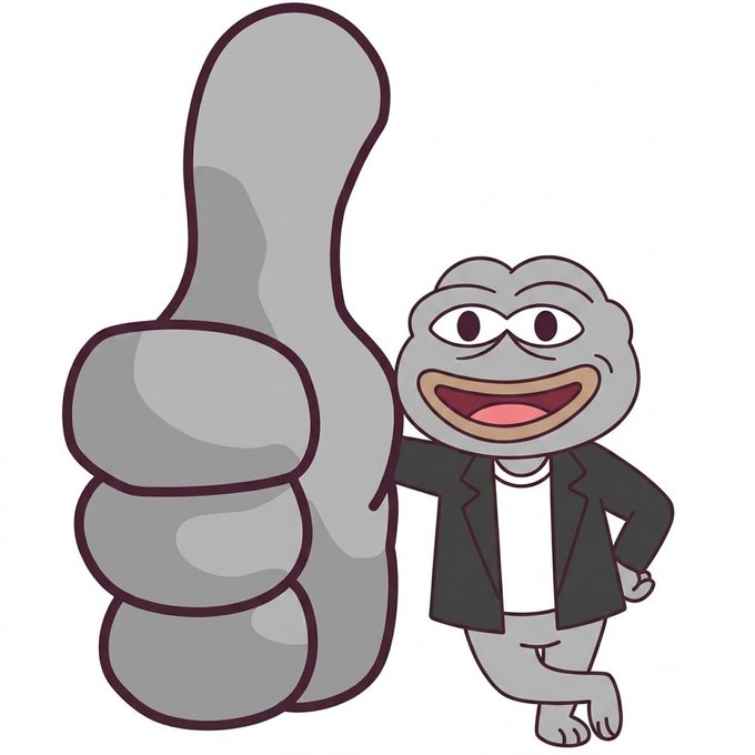 A cartoon illustration of a gray, anthropomorphic character wearing a black jacket over a white shirt, smiling next to a giant thumbs-up.