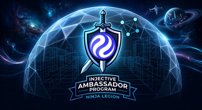 The image features a poster for an upcoming Ambassador Program sponsored by Ninja Legion. The poster showcases a blue shield with a sword, symbolizing strength and protection, surrounded by stars representing the vastness of space. The text on the poster announces the launch of the new Ambassador Program and invites people to participate in this exciting opportunity.