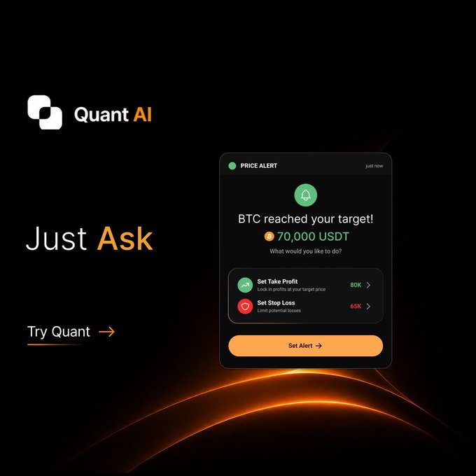 A sleek promotional graphic for "Quant AI" features the tagline "Just Ask" alongside a mock price alert notification showing "BTC reached your target! 70,000 USDT" with options to set take profit (80K) or stop loss (65K). The design, paired with the "Try Quant" call-to-action, visually reinforces the post's message about conversational trading—replacing complex dashboards with simple, natural-language interactions like setting BTC alerts in seconds.