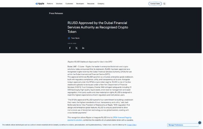 A screenshot of a Ripple press release titled 'RLUSD Approved by the Dubai Financial Services Authority as Recognised Crypto Token' dated June 03, 2025, announcing the stablecoin's regulatory approval in the DIFC.