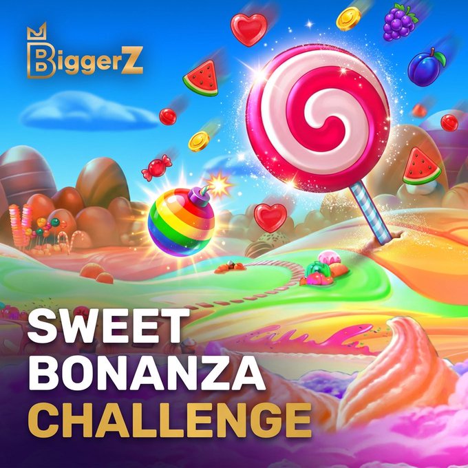 The image shows a vibrant promotional graphic for BiggerZ's "Sweet Bonanza Challenge" featuring a colorful candy-themed landscape with a large pink swirled lollipop, a striped cupcake, and floating fruits and sweets like watermelons, hearts, grapes, and plums, which ties directly to the post announcing Day 7 of the Summer Bash with multipliers up to $20,000.