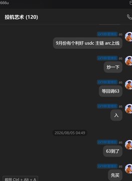 A Telegram group chat screenshot in Chinese titled '投机艺术 (120)' showing messages discussing USDC mainnet arbitrage opportunities, with timestamps from 2026/08/05.