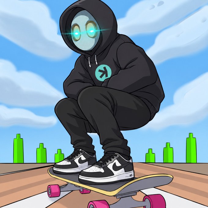 A hooded robot with glowing cyan eyes and a teal "R" logo crouches on a skateboard wearing Air Jordan 1 sneakers, symbolizing the early-morning momentum referenced in the bullish "$CATE" and "$KAS" post.