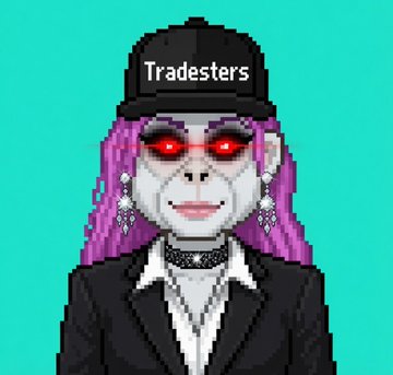 Pixel art portrait of a character with glowing red eyes, purple hair, and a black cap labeled 'Tradesters' against a teal background.