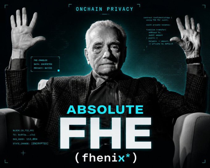 Promotional graphic titled 'ABSOLUTE FHE (fhenix)' featuring a grayscale image of a man with raised hands against a dark background with technical on-chain privacy details.
