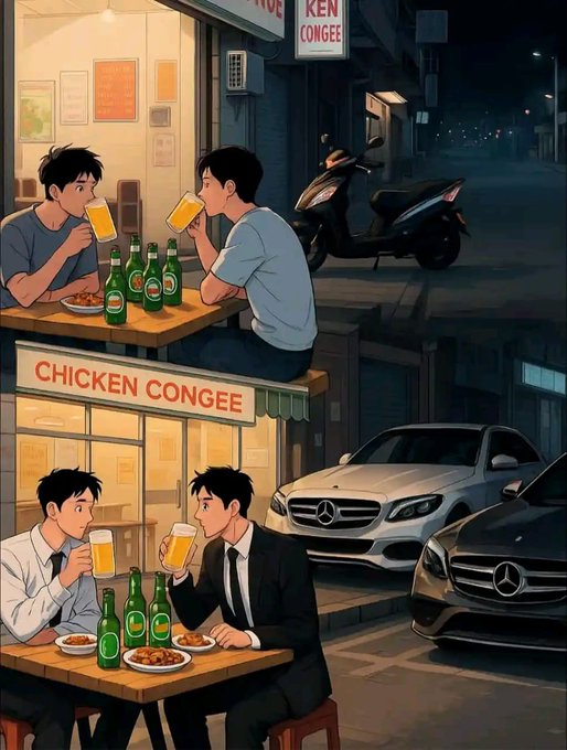 An anime-style illustration showing two contrasting scenes of men drinking beer and soju at a 'CHICKEN CONGEE' restaurant, with Mercedes cars parked outside.