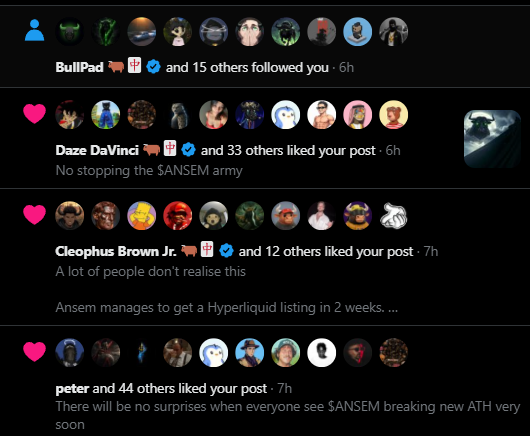 A social media notifications feed showing new followers and multiple users (Daze DaVinci, Cleophus Brown Jr., peter) liking posts, with comments referencing the $ANSEM army and Hyperliquid listings.