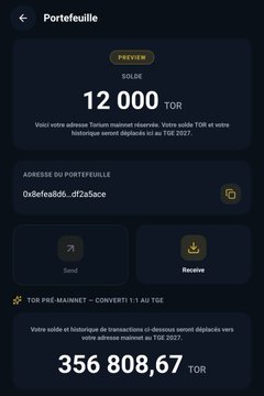 A cryptocurrency wallet interface shows a balance of 12,000 TOR with the address '0x8efea886...df2a5ace' and a converted value of 356,808.67 TOR.