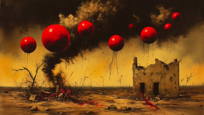 A dark, surreal painting of a desolate landscape featuring a ruined building, a burning fire, and multiple red balloons floating in a yellow-tinted, smoke-filled sky.