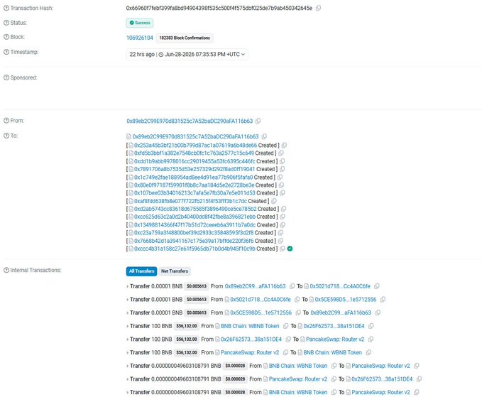 The image shows a BNB Chain transaction (hash 0x669607feaf399fabd949d4398f535c500f4f575dbf0250e07b9a450342645e) with status "Success," involving transfers of BNB and WBNB tokens between multiple addresses including PancakeSwap Router v2, with notable transfers of 100 BNB ($56,132) and various other amounts, supporting the post's description of an exploit that drained approximately $121,000 from the AIDC token due to a flaw in its burn function.