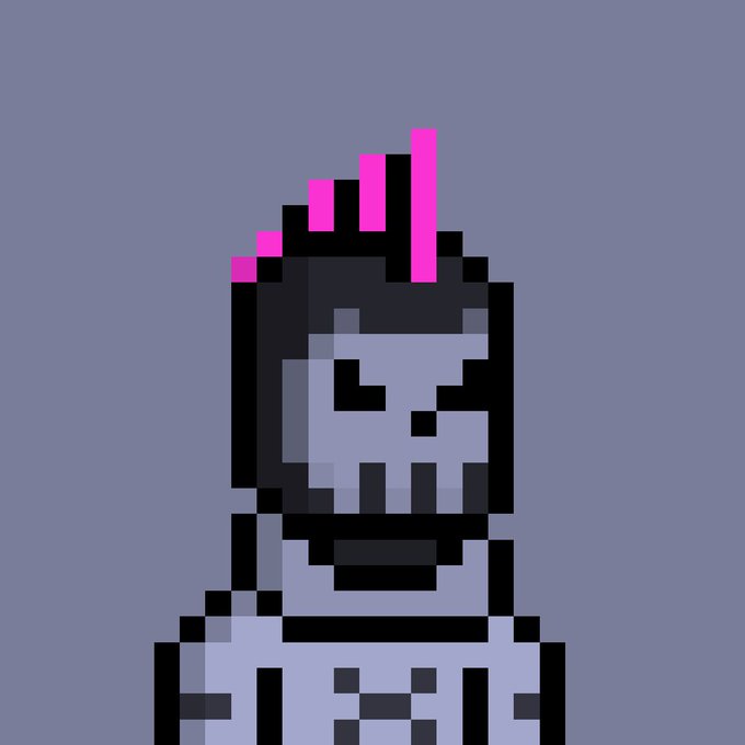 Pixel-art character with black-and-gray hair and bright pink highlights against a plain gray background.