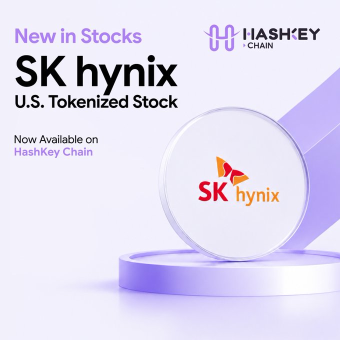 A promotional graphic with a purple and white color scheme announces "New in Stocks: SK hynix U.S. Tokenized Stock, Now Available on HashKey Chain," featuring the HashKey Chain logo in the top right and the SK hynix logo displayed on a circular pedestal. The image visually supports the announcement that SK hynix tokenized stock can now be traded on the HashKey Chain platform under the ticker SKHYVs.